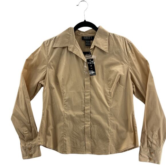 Finity Womens Button Front Shirt Beige Sand Long Sleeve Collared L New - Picture 1 of 8